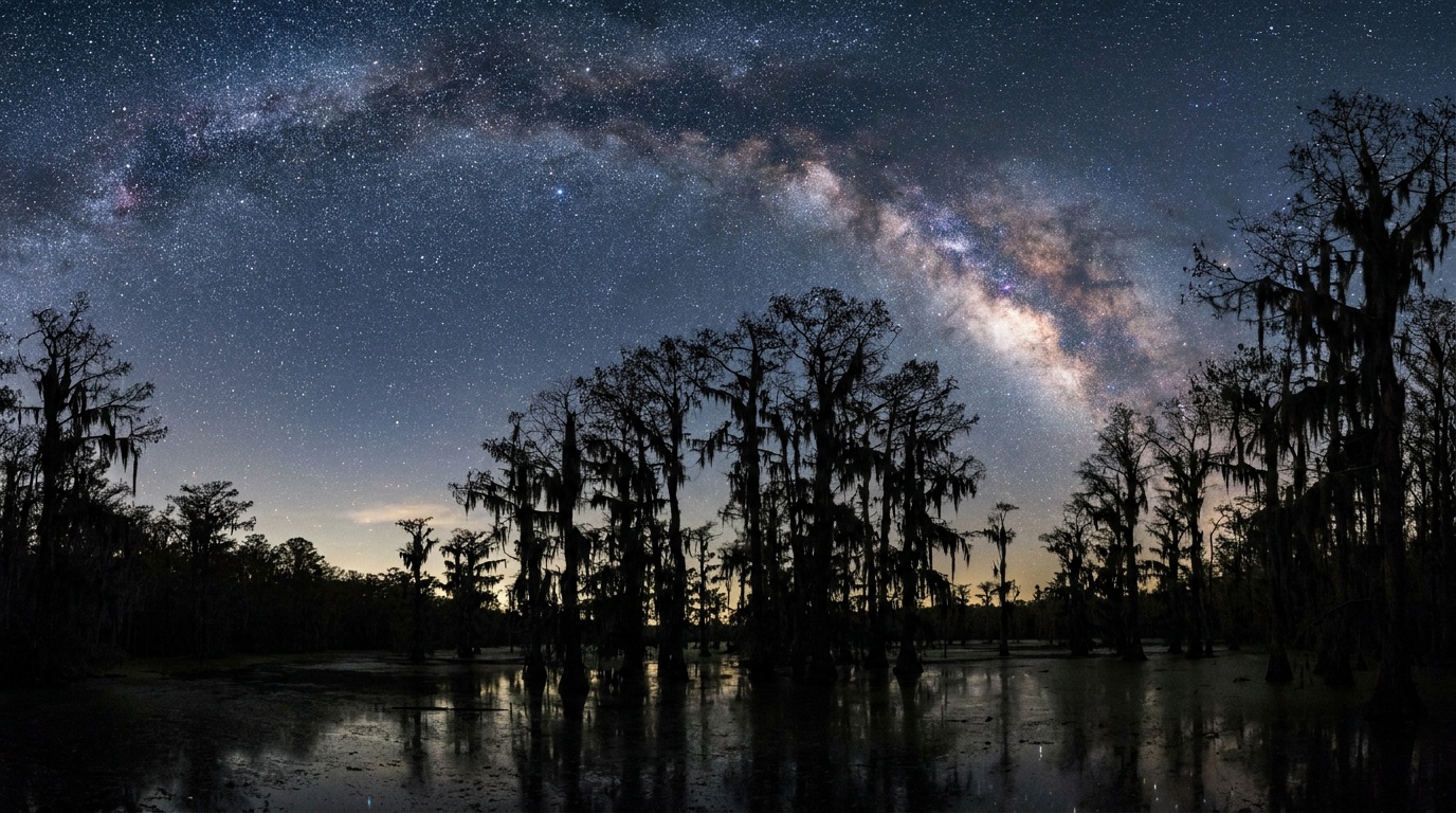 A brilliant star-filled dark night sky over the silhouetted cypress swamp at Stephen C. Foster State Park, the Milky Way arching overhead