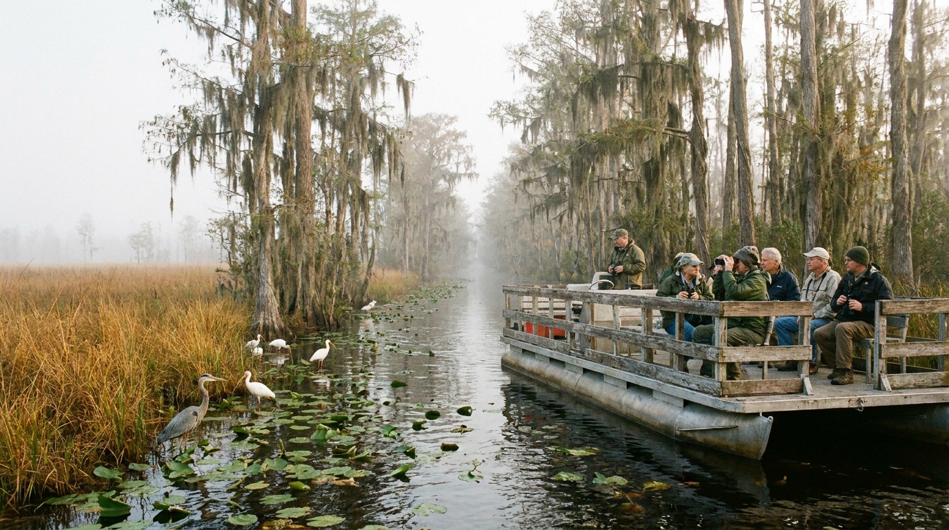 A guided pontoon boat tour gliding through a cypress-lined prairie of the Okefenokee Swamp, wading birds and lily pads, soft morning light