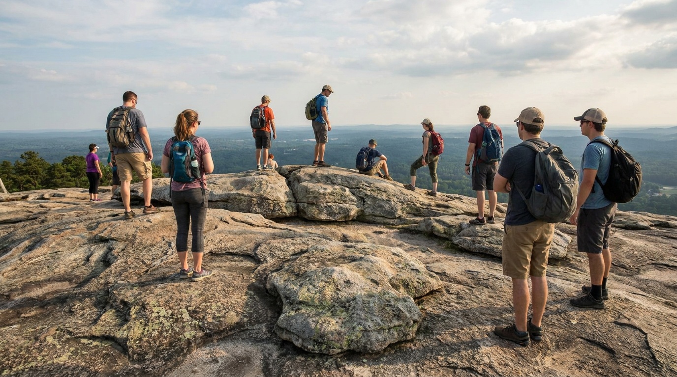 Hikers on the open granite slabs of the Stone Mountain summit