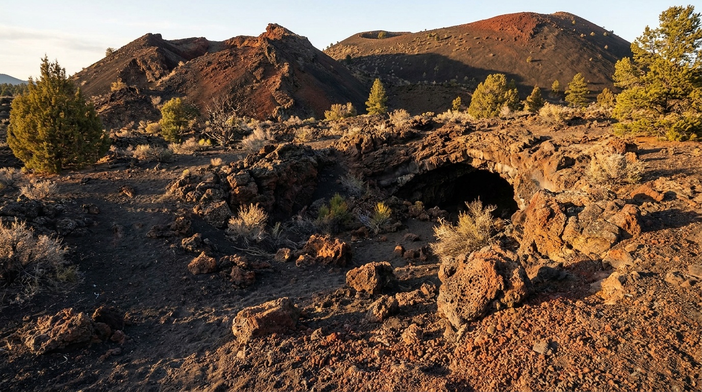 Close detail of black and rust-red volcanic cinders and a collapsed lava tube at Sunset Crater, textured rough basalt, dramatic side light