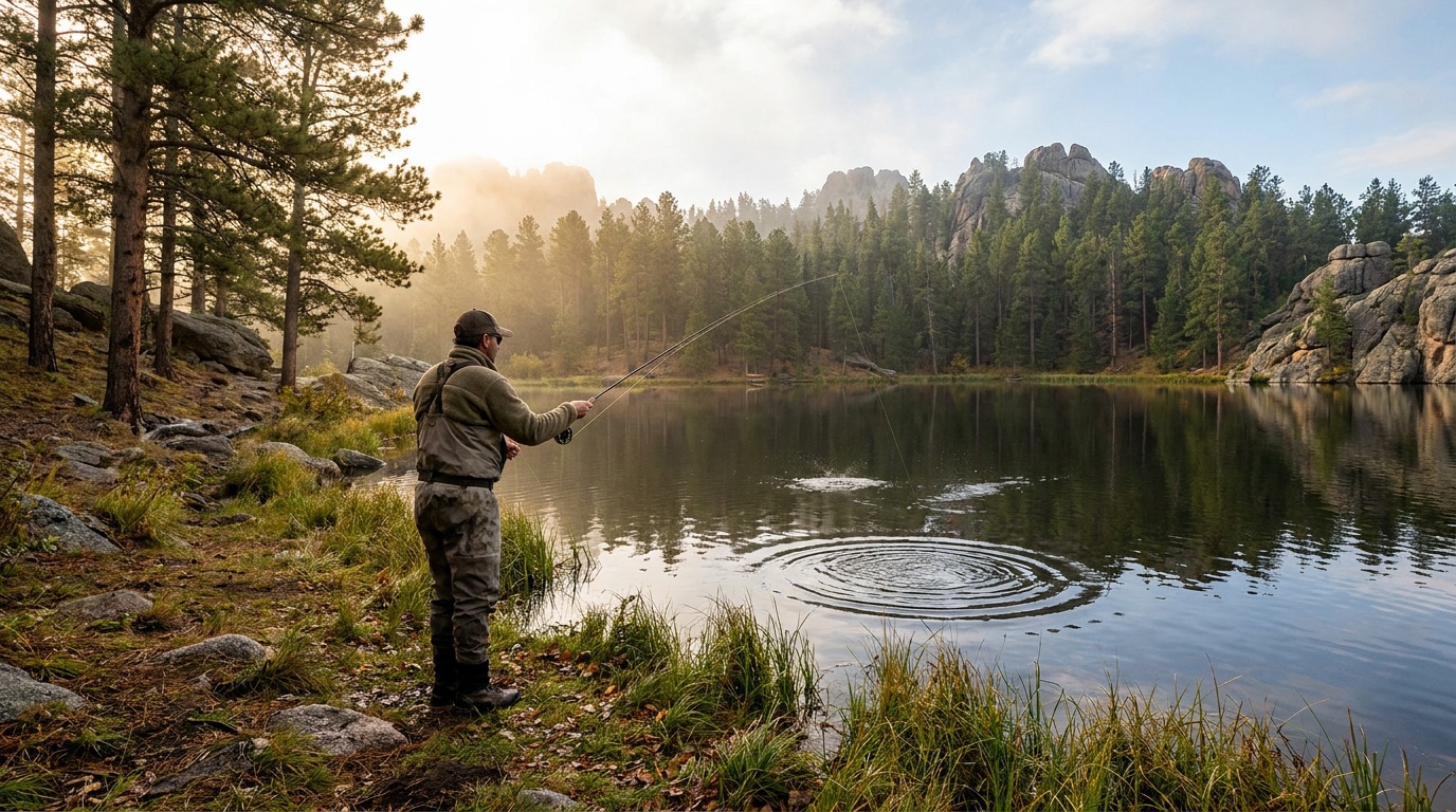 An angler casting from the grassy shore of Sylvan Lake with trout-ringed water, evergreen forest reflected, soft morning light