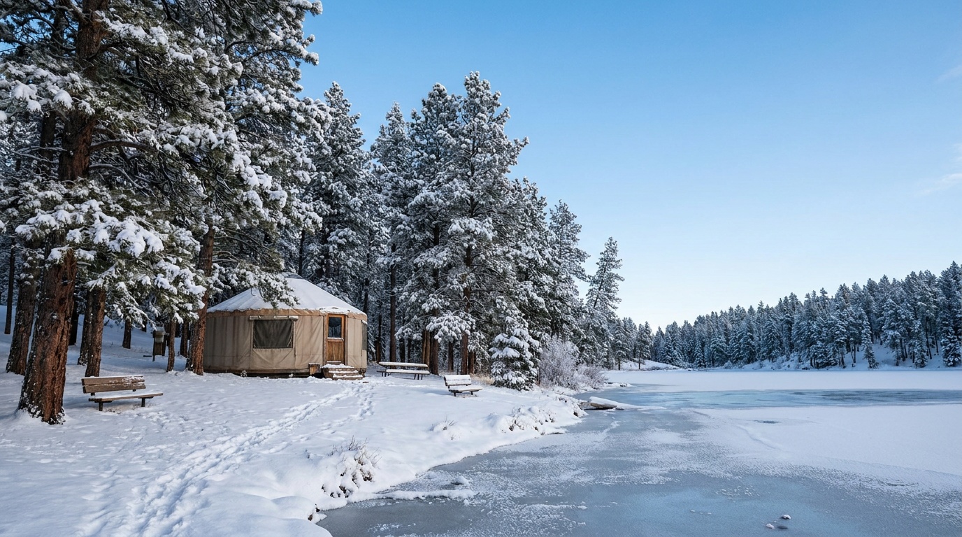 A snowy winter scene at Sylvan Lake with a frozen lake, snow-laden pines, and a yurt, crisp blue sky