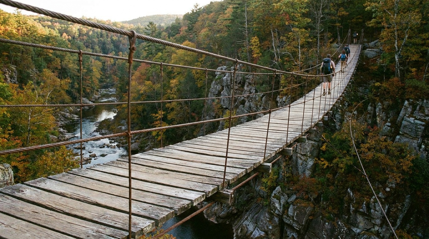 The pedestrian suspension bridge swaying 80 feet above the gorge floor