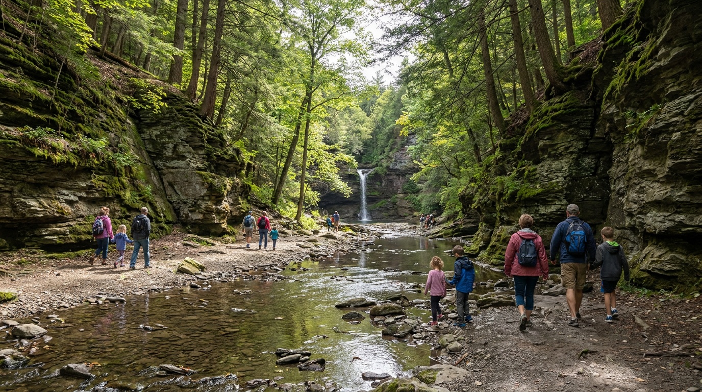The flat wooded gorge trail at Taughannock Falls State Park following a clear creek toward the distant waterfall, families walking, sheer rock walls rising on either side, dappled sunlight, photorealistic