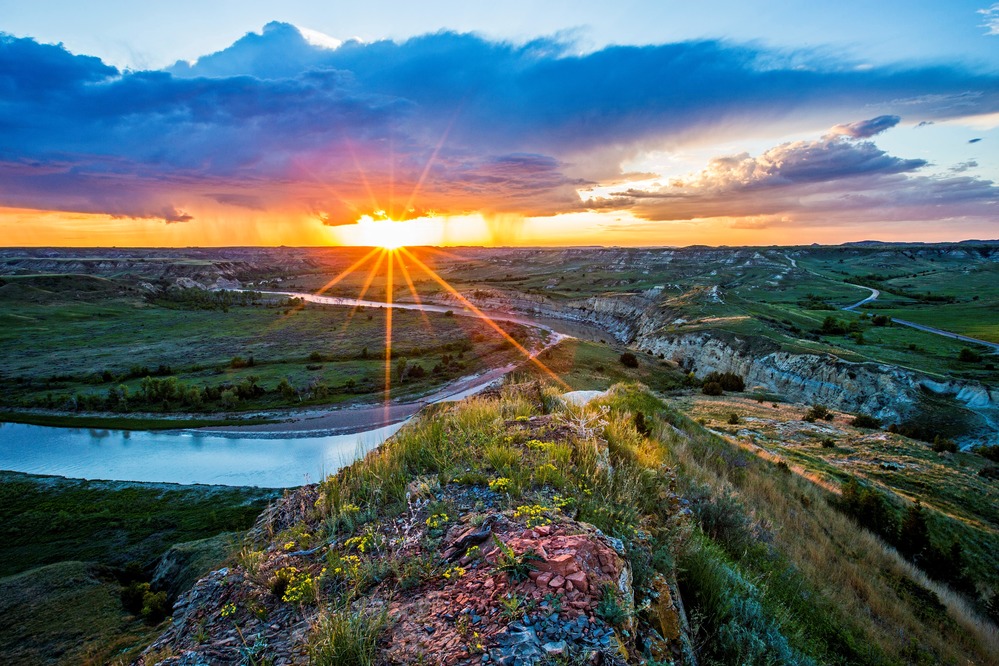 Sunset light across badlands in the South Unit of Theodore Roosevelt National Park