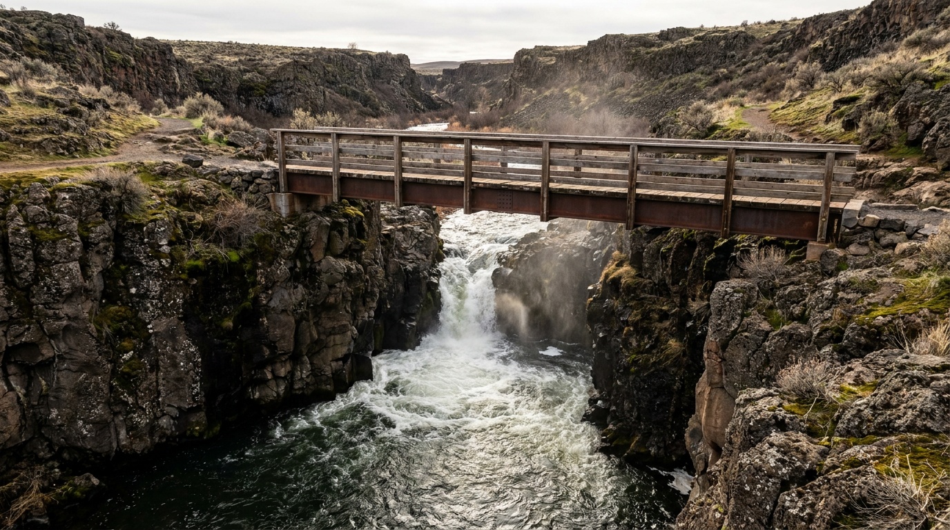 The Malad River plunging through the narrow basalt gorge at Devil's Washbowl in Malad Gorge, a footbridge spanning the chasm, dramatic canyon