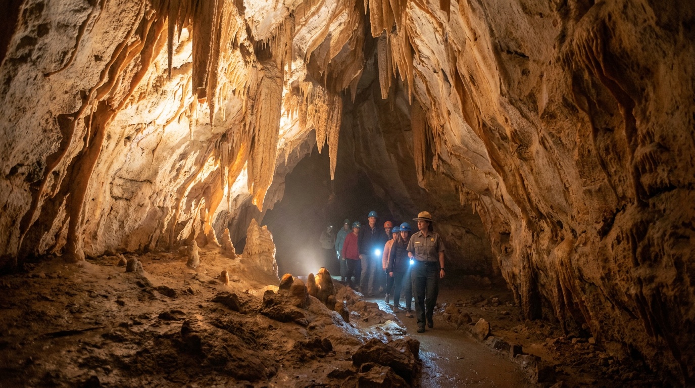 Glowing limestone cave interior at Timpanogos Cave National Monument, delicate helictites and stalactites lit warmly, ranger tour group small in frame for scale, deep cavern depth