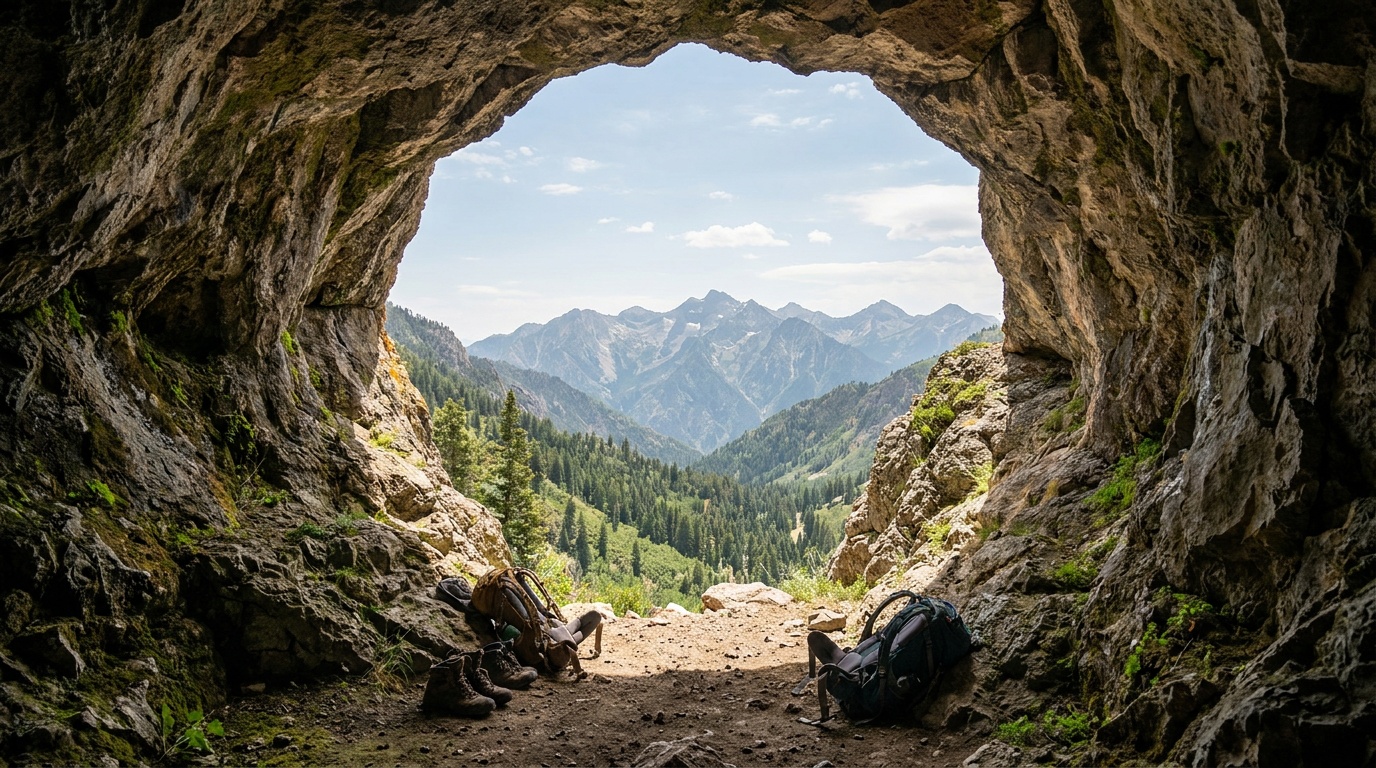 View out the cave entrance high on the canyon wall, framing the green American Fork Canyon and distant Wasatch peaks under blue summer sky