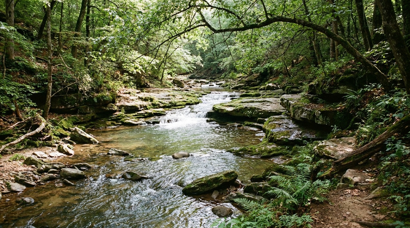 Clear shallow Bear Creek flowing over rocks through a green wooded gorge at Tishomingo, with mossy stone ledges and overhanging trees