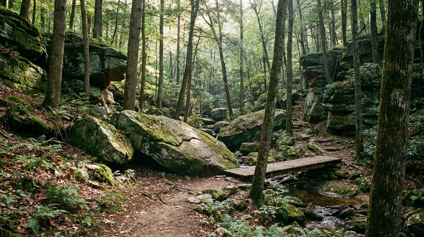 Massive moss-covered boulders and rock outcroppings among hardwood trees on a hiking trail at Tishomingo State Park, ferns, dappled forest light