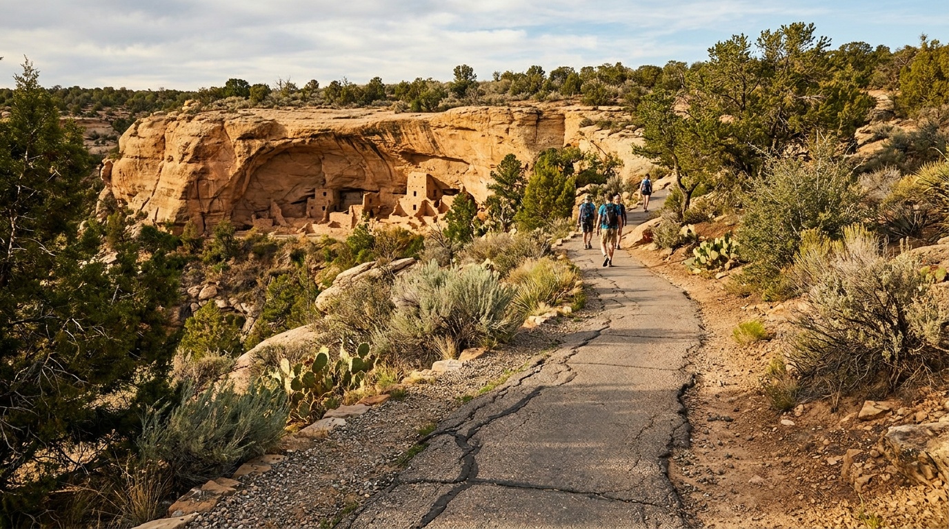The steep paved trail climbing through desert vegetation toward the cliff dwelling