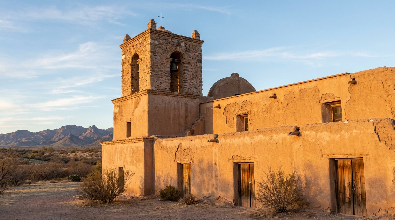 The weathered adobe facade and bell tower of the San Jose de Tumacacori mission church glowing in warm low Arizona winter light, desert sky behind, Santa Cruz valley