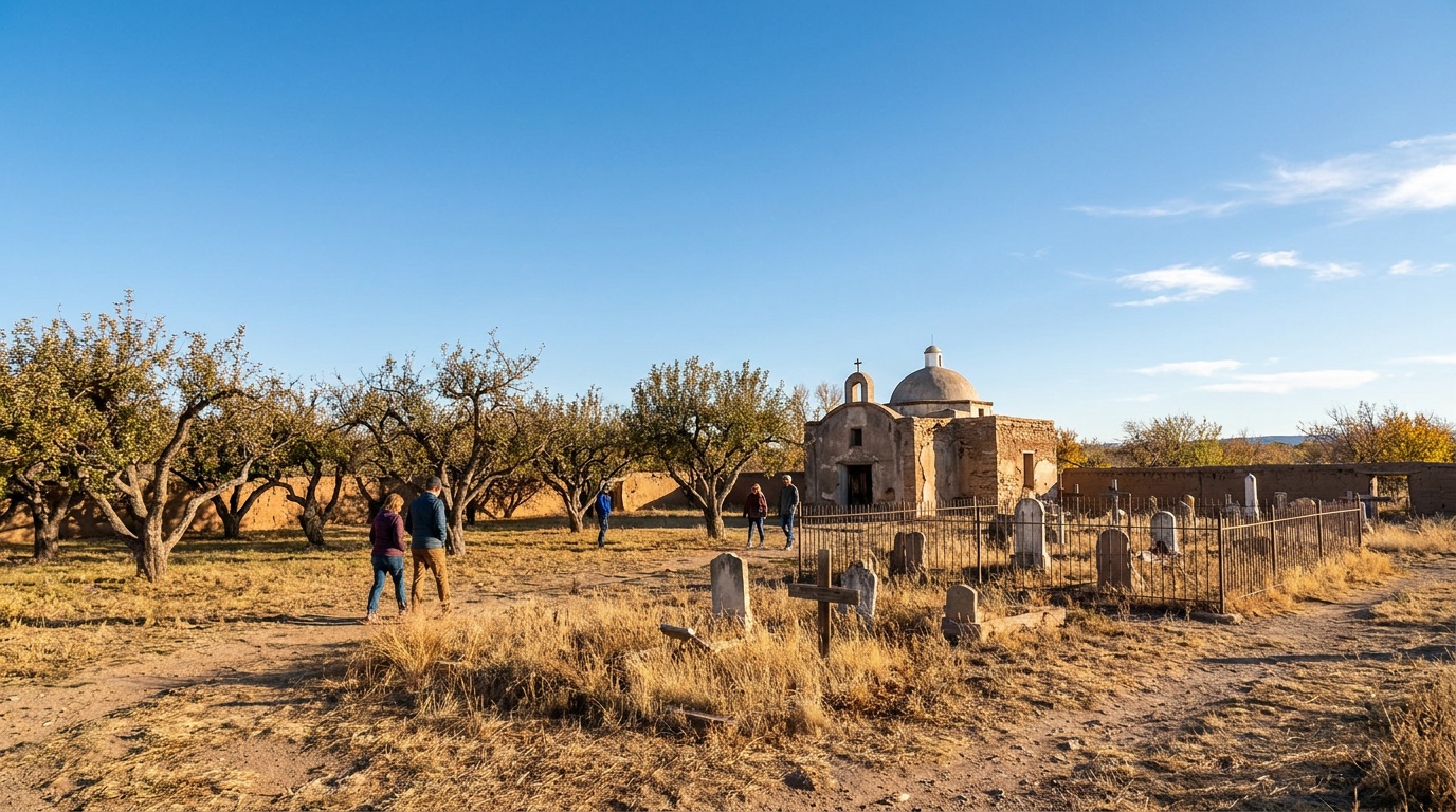 The restored mission orchard and grounds at Tumacacori with fruit trees, the cemetery, and the mortuary chapel under a clear desert sky
