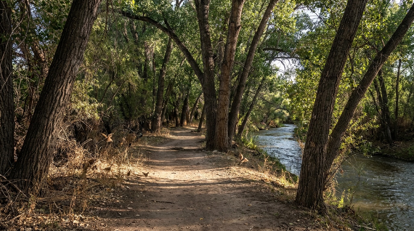 A shaded riparian path along the Santa Cruz River on the Anza Trail near Tumacacori, cottonwood trees and dappled light, birds in the brush