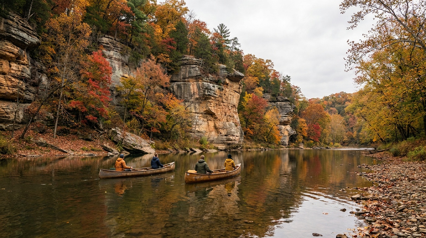 Sugar Creek in early autumn with canoes drifting past colorful bluffs and overhanging trees reflected in the calm water.
