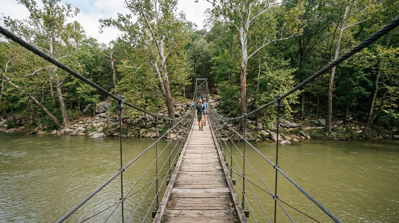 The long suspension footbridge over Sugar Creek at Turkey Run, cables and wooden planks crossing above the slow green river lined with sycamores.