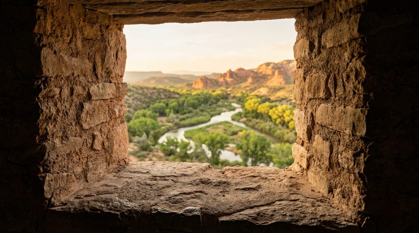 View from the Tuzigoot tower room looking out over the Verde River, green riparian wetland and red rocks in the distance, golden hour