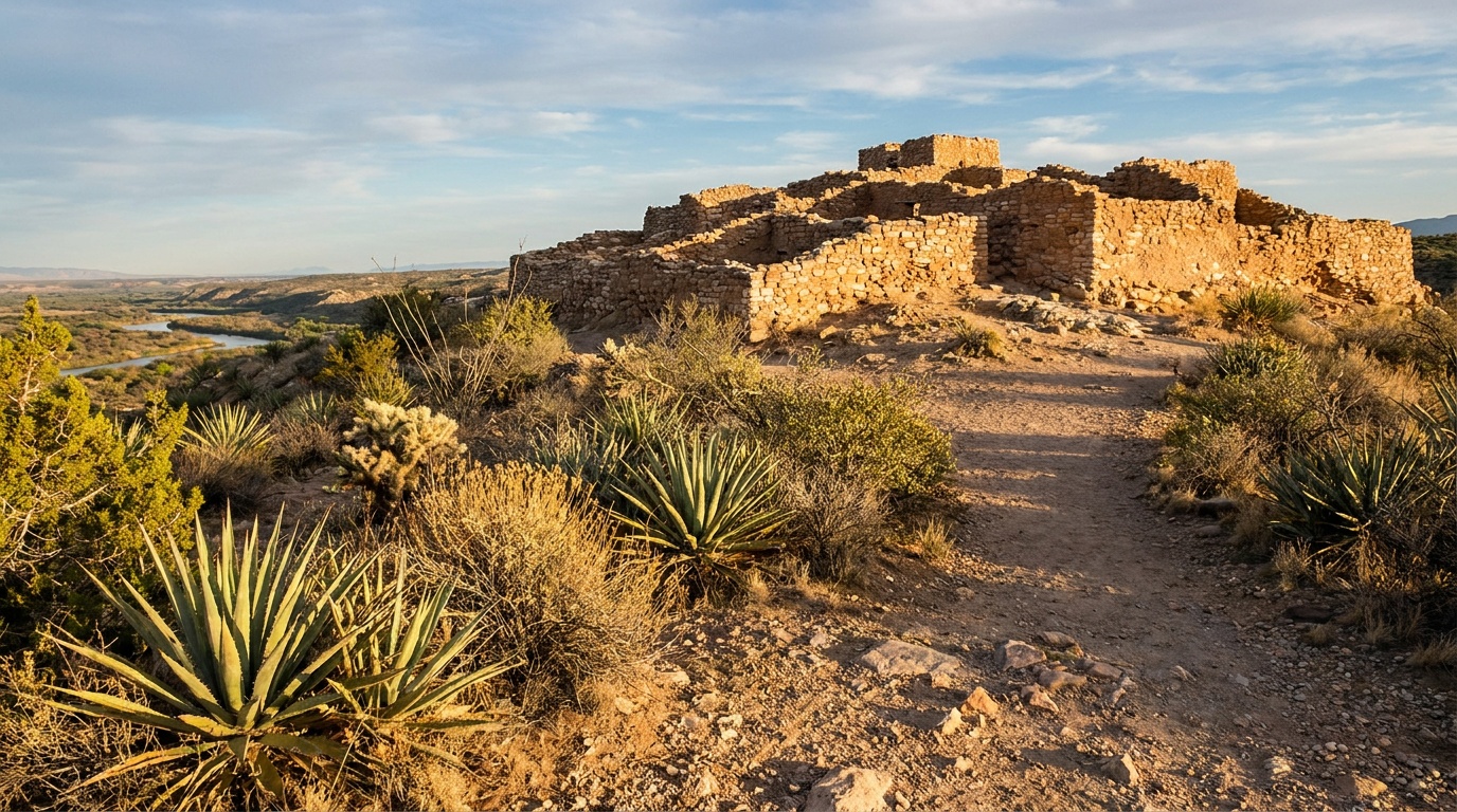 Detailed Sinagua stone masonry of the Tuzigoot pueblo walls, warm desert light, agave and desert plants in foreground