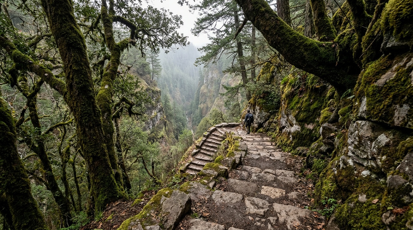 The stepped Island Trail descending into the forested canyon