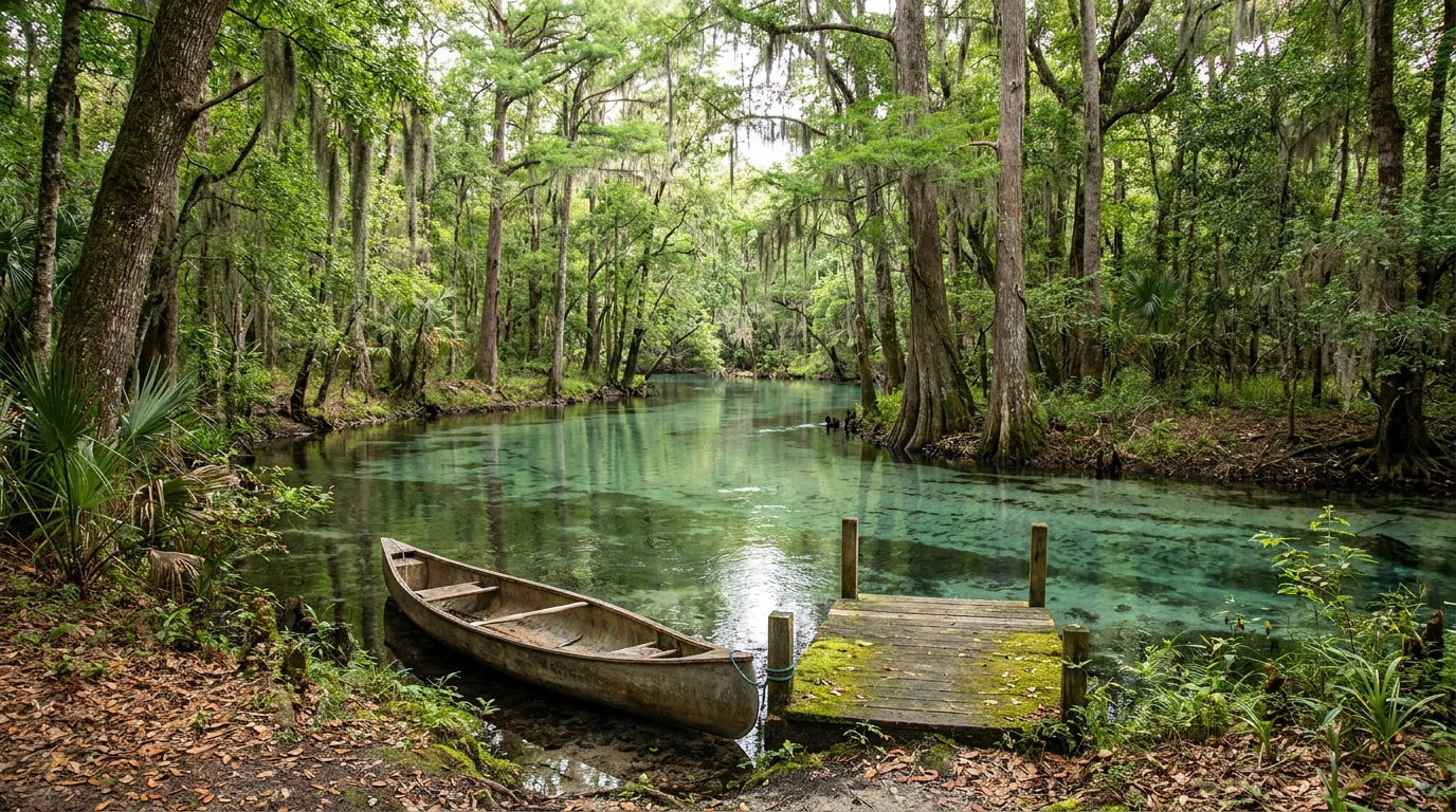 The Wekiva River spring run lined with cypress and hammock