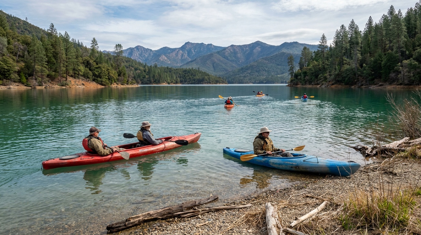 Kayaks and paddlers on the clear water of Whiskeytown Lake
