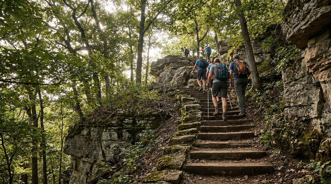 A steep stair-step trail climbing a wooded limestone bluff toward Coyote Point at Whitewater, hikers ascending into dappled forest light.