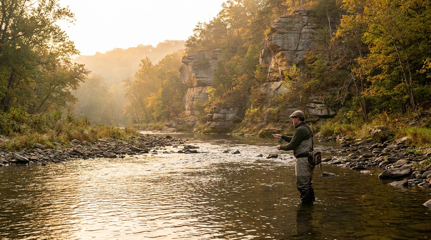 An angler fly fishing a clear riffle on the Whitewater trout stream, bluffs rising behind, soft morning light on the water.