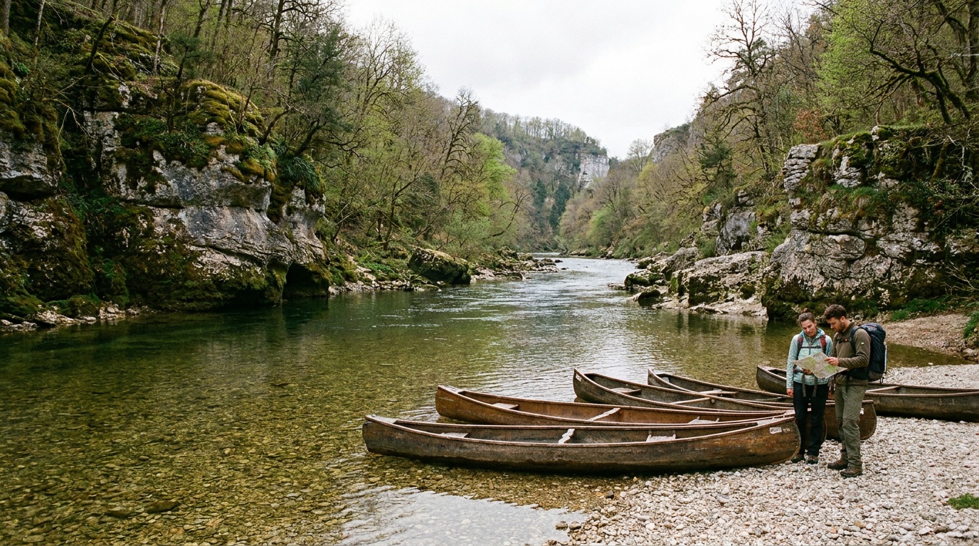 The clear Whitewater River flowing over a gravel bed through a steep bluff-lined valley, a calm planning-context scene with trees on both banks.