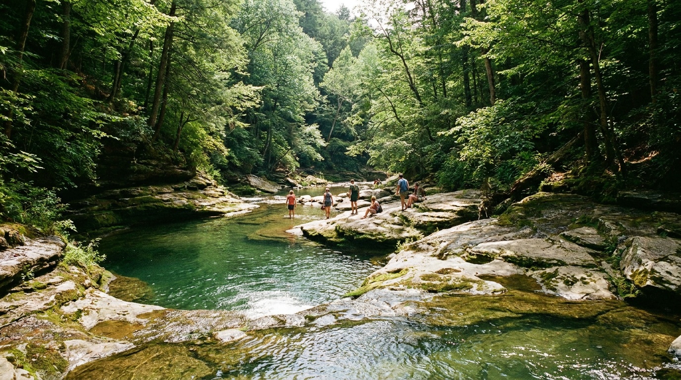 Clear emerald swimming holes of Loyalsock Creek tumbling over rocks beneath steep forested valley walls at Worlds End State Park, summer sunlight on the water