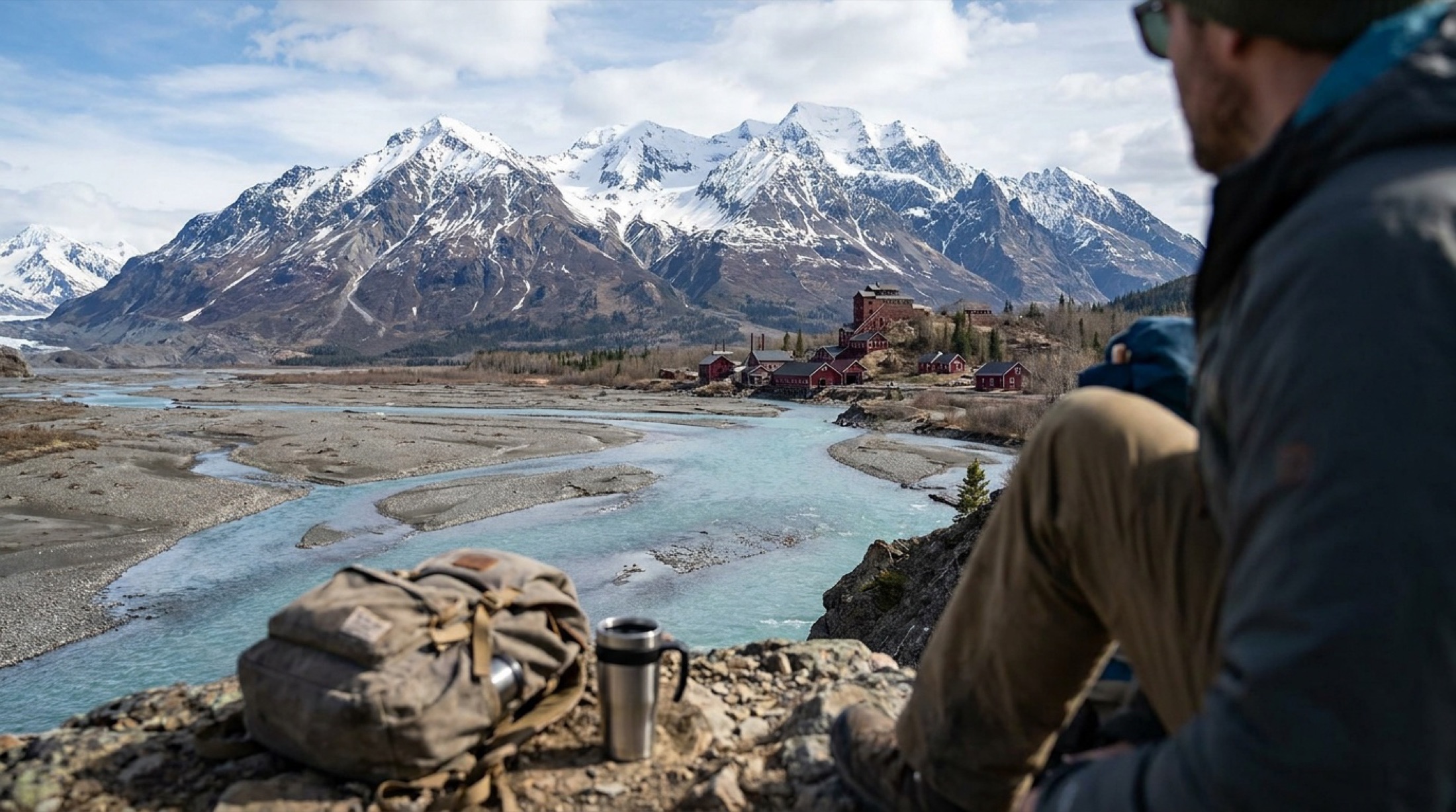 Glaciated peaks above a braided river valley with the historic Kennecott mill buildings at Wrangell-St. Elias.