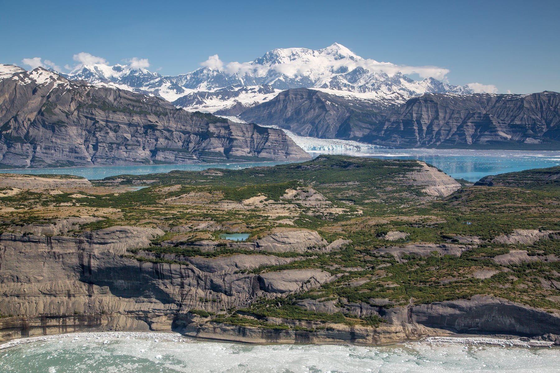 Icy Bay and Mount St. Elias with glaciers meeting the ocean