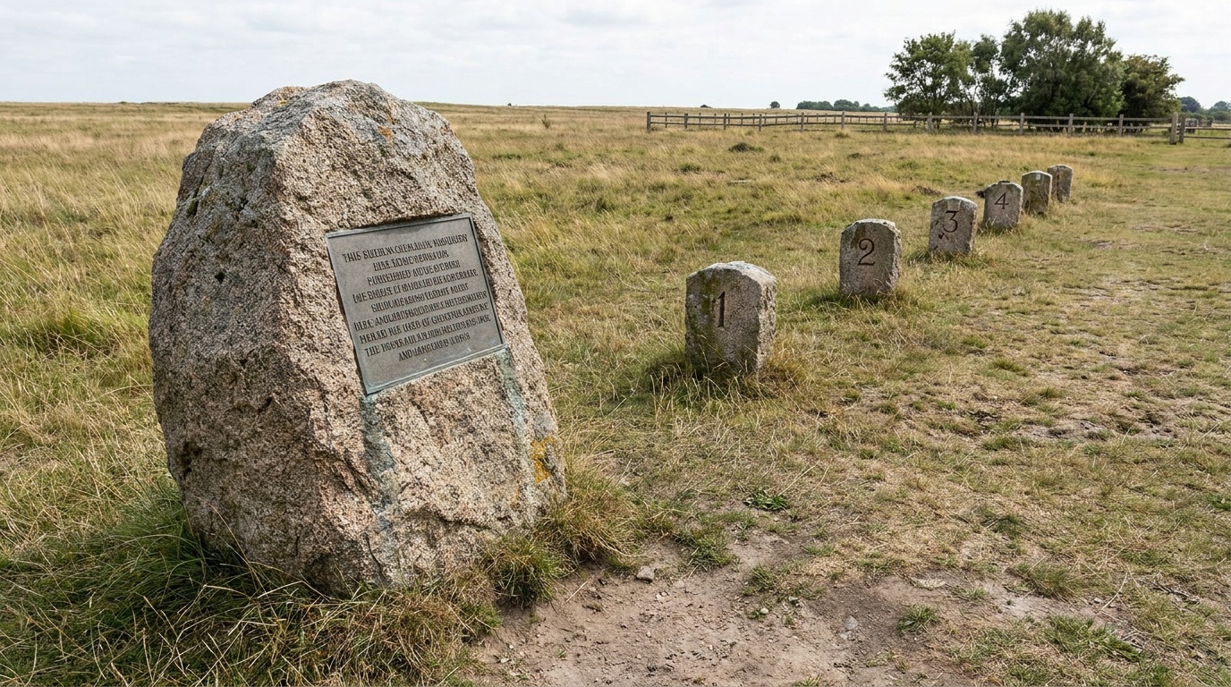 The first-flight boulder and numbered stone markers stretching across the open memorial field