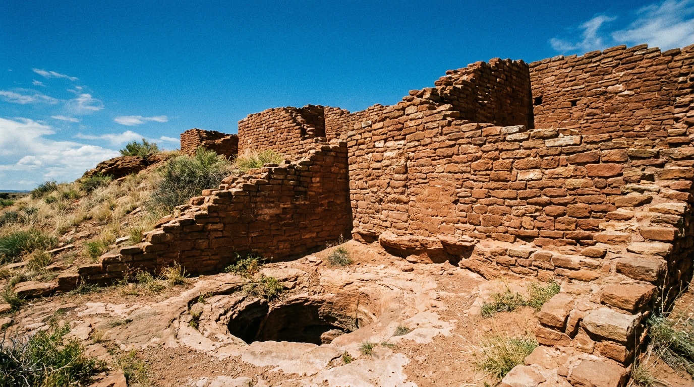 Red Wupatki pueblo masonry walls against a deep blue Arizona sky, the natural blowhole area, textured stone, midday clarity