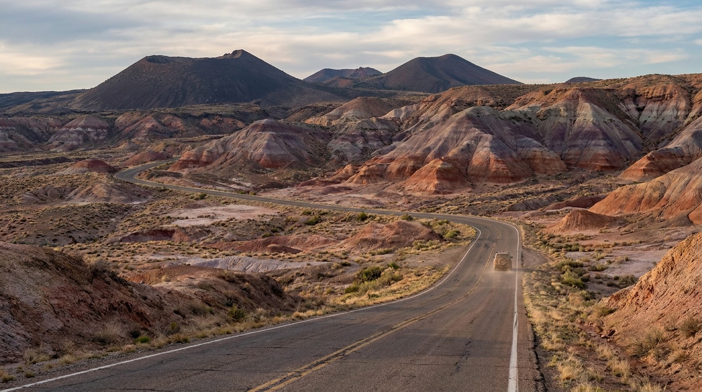 The scenic loop road through the Painted Desert connecting Wupatki to Sunset Crater, layered desert colors, lone road curving toward distant volcanic peaks