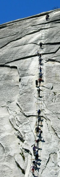 Hikers ascending the Half Dome cables