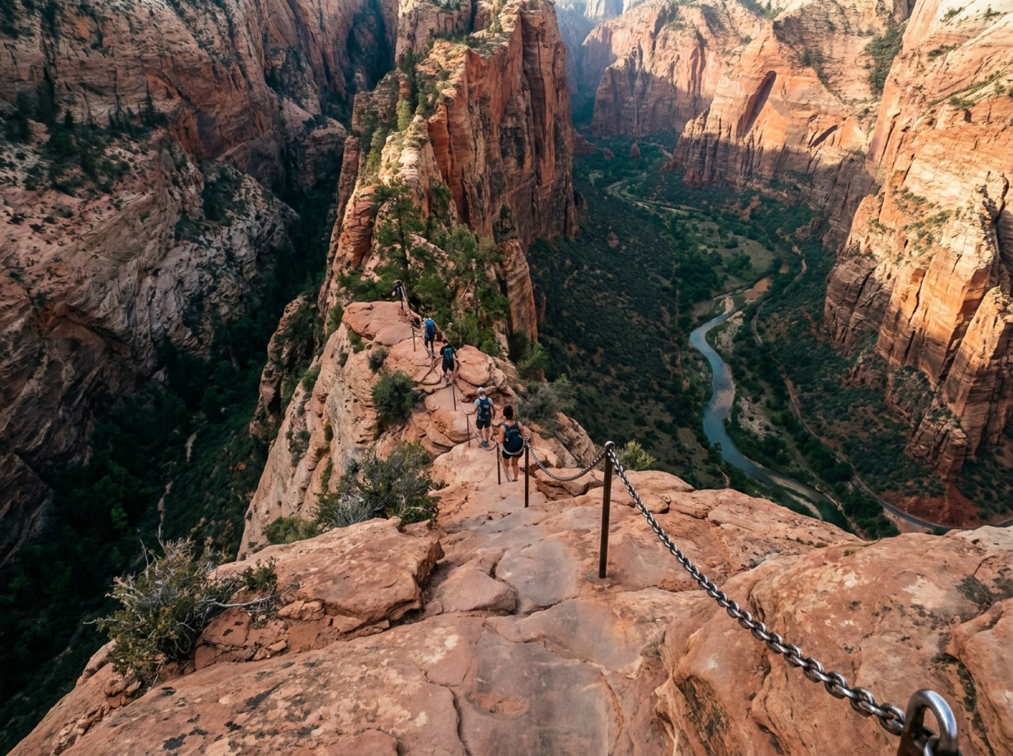 The narrow chained ridge of Angels Landing dropping away above Zion Canyon