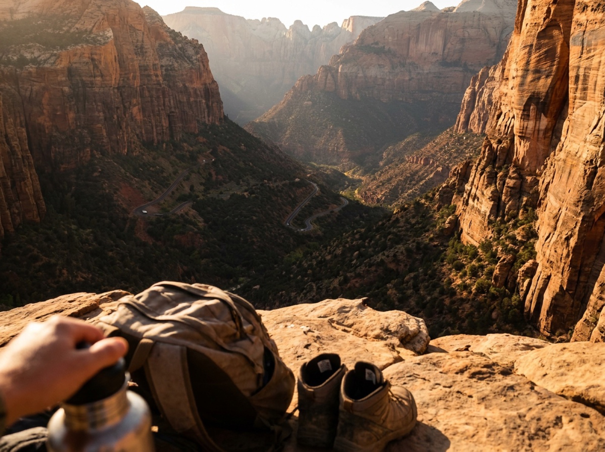 A high overlook of Zion Canyon's red and white sandstone walls