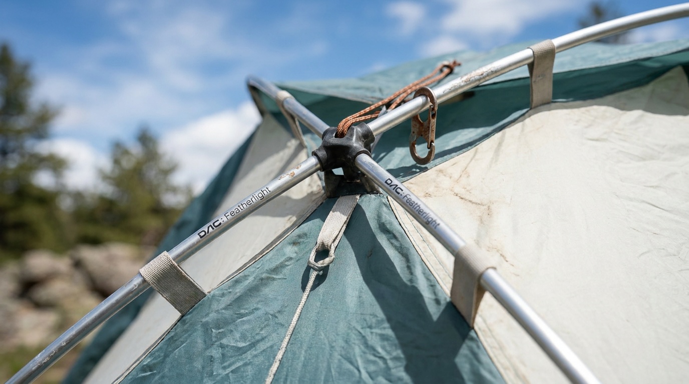 Close-up of the Mountain Hardwear Trango 2 DAC Featherlight pole junction at the tent apex, showing four poles crossing under tension against a bright blue alpine sky