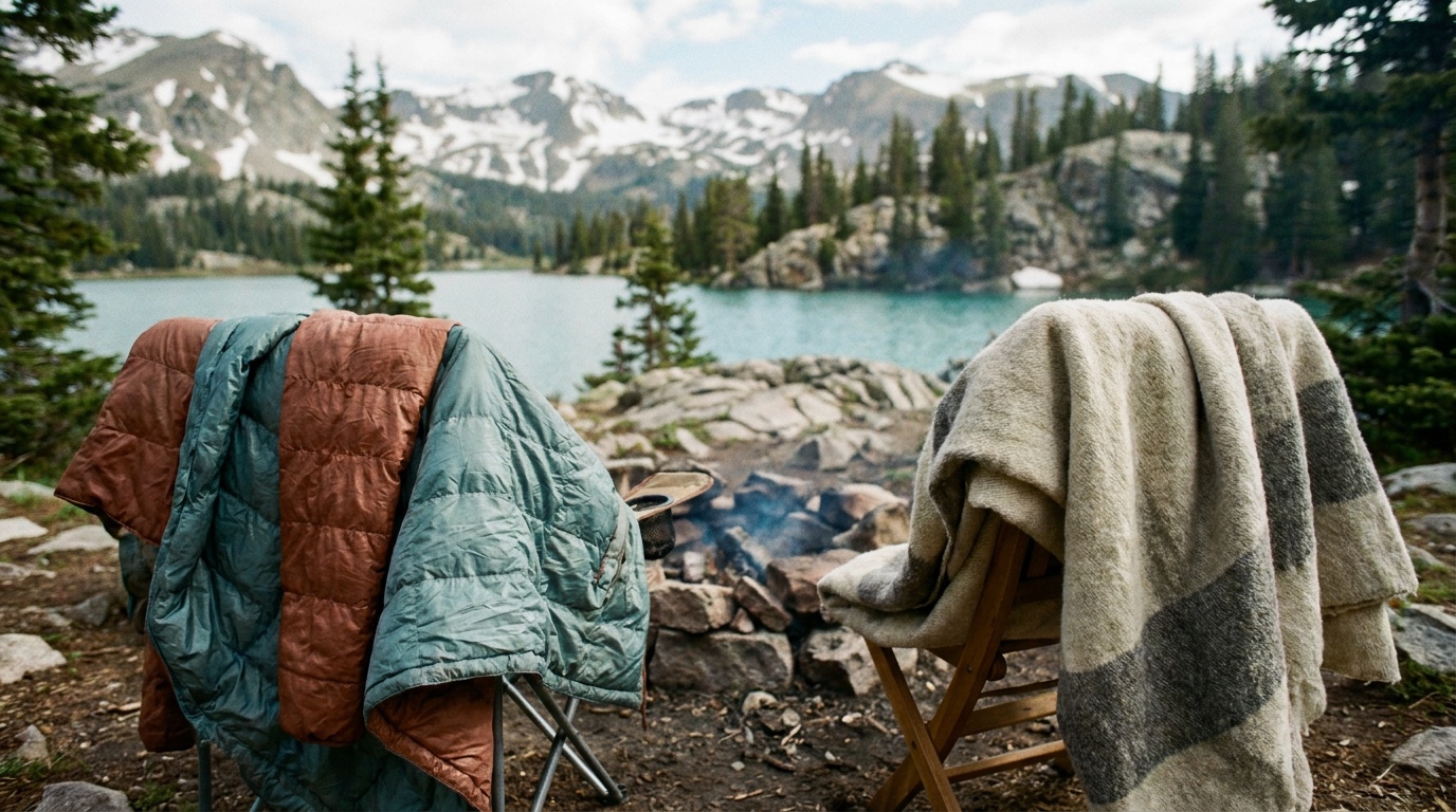 Side-by-side comparison of a synthetic puffy camp blanket and a wool camp blanket laid across camp chairs near a fire pit, showing the difference in drape and texture