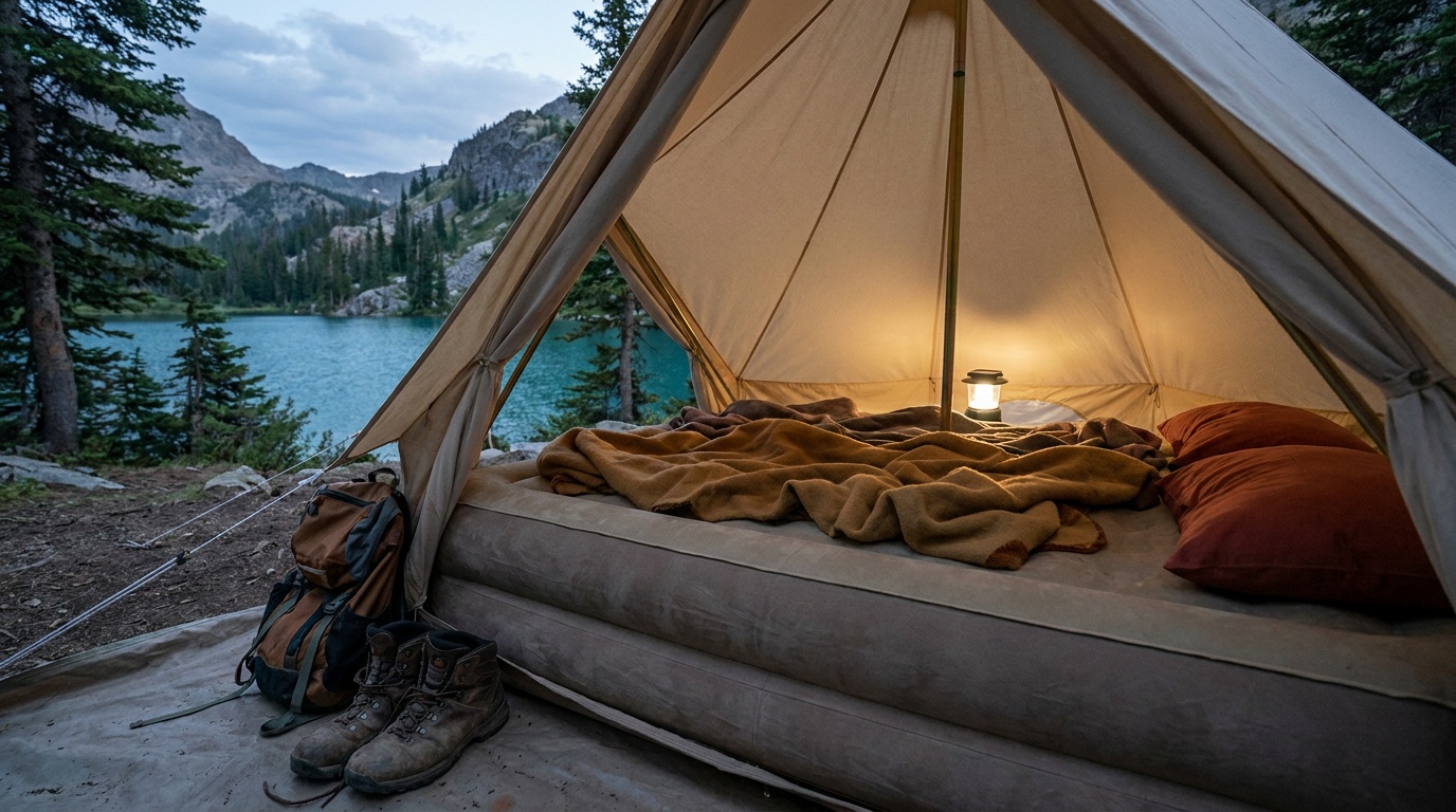 Double-high air mattress inflated inside a spacious tent, viewed from the tent entrance at dusk