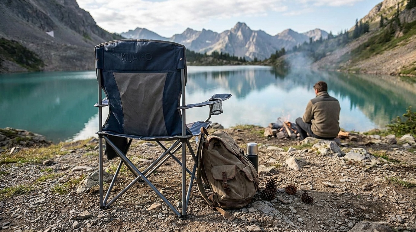 A Kijaro Dual Lock camp chair positioned at a lakeside campsite with the back support panel clearly visible