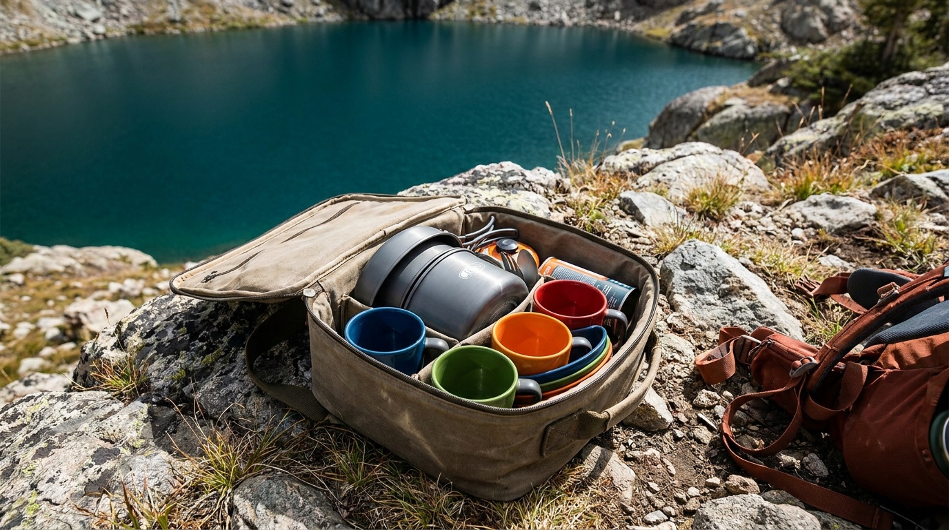 GSI Pinnacle Ceramic Camper cookware nested inside its canvas carry bag, showing how all four place settings pack down