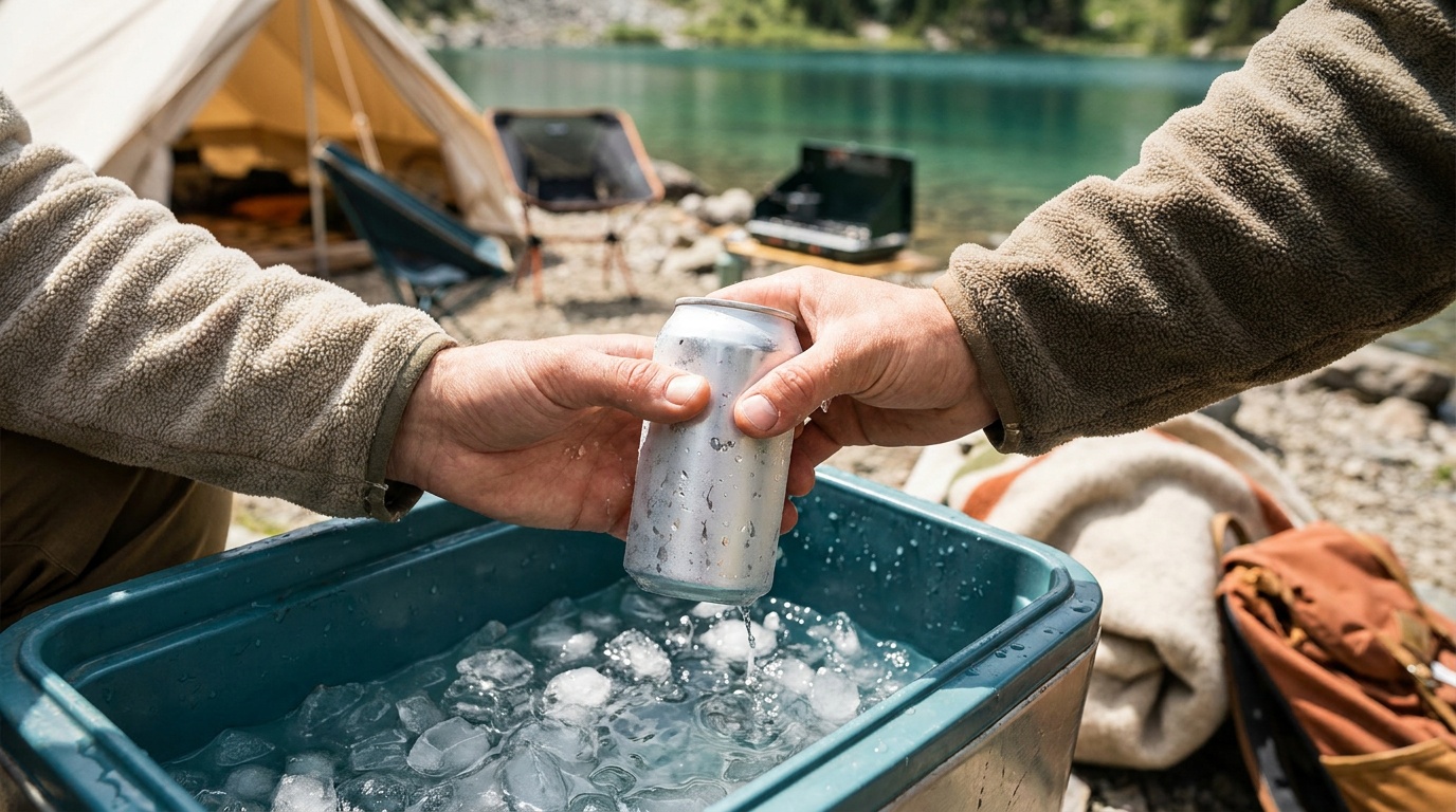 A camper lifting a cold drink from an ice-filled cooler at a lakeside campsite
