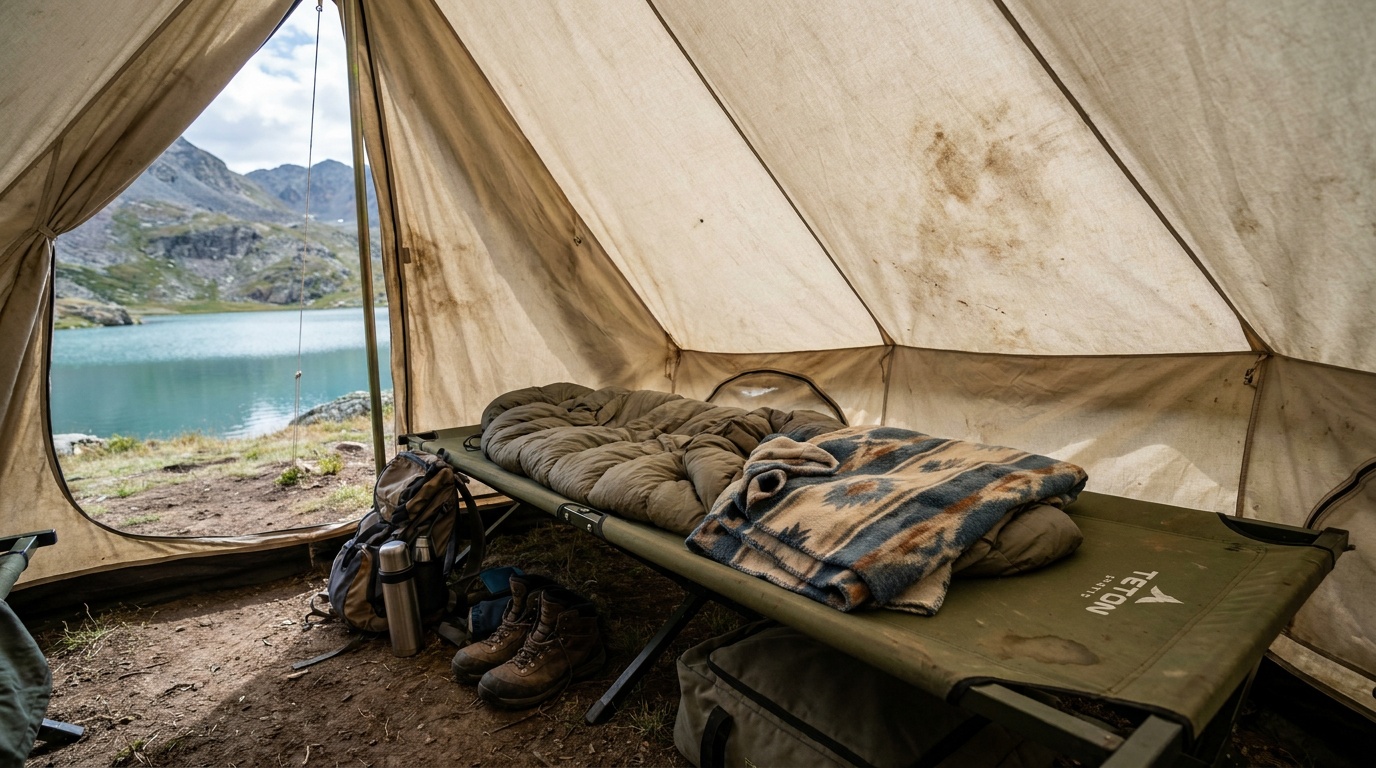 Teton Sports Outfitter XXL cot set up inside a large camping tent, showing the wide sleep surface next to a sleeping bag