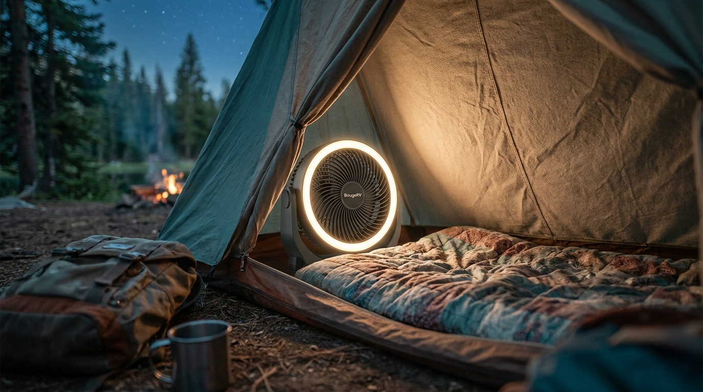 BougeRV F01 fan sitting on a tent floor next to a sleeping pad, its warm LED light glowing against the tent wall at night