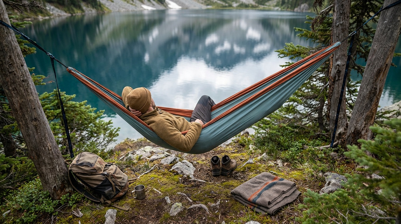 Overhead view of a camper lying diagonally in a double hammock between two trees, showing the flat body position achieved by the angled lie