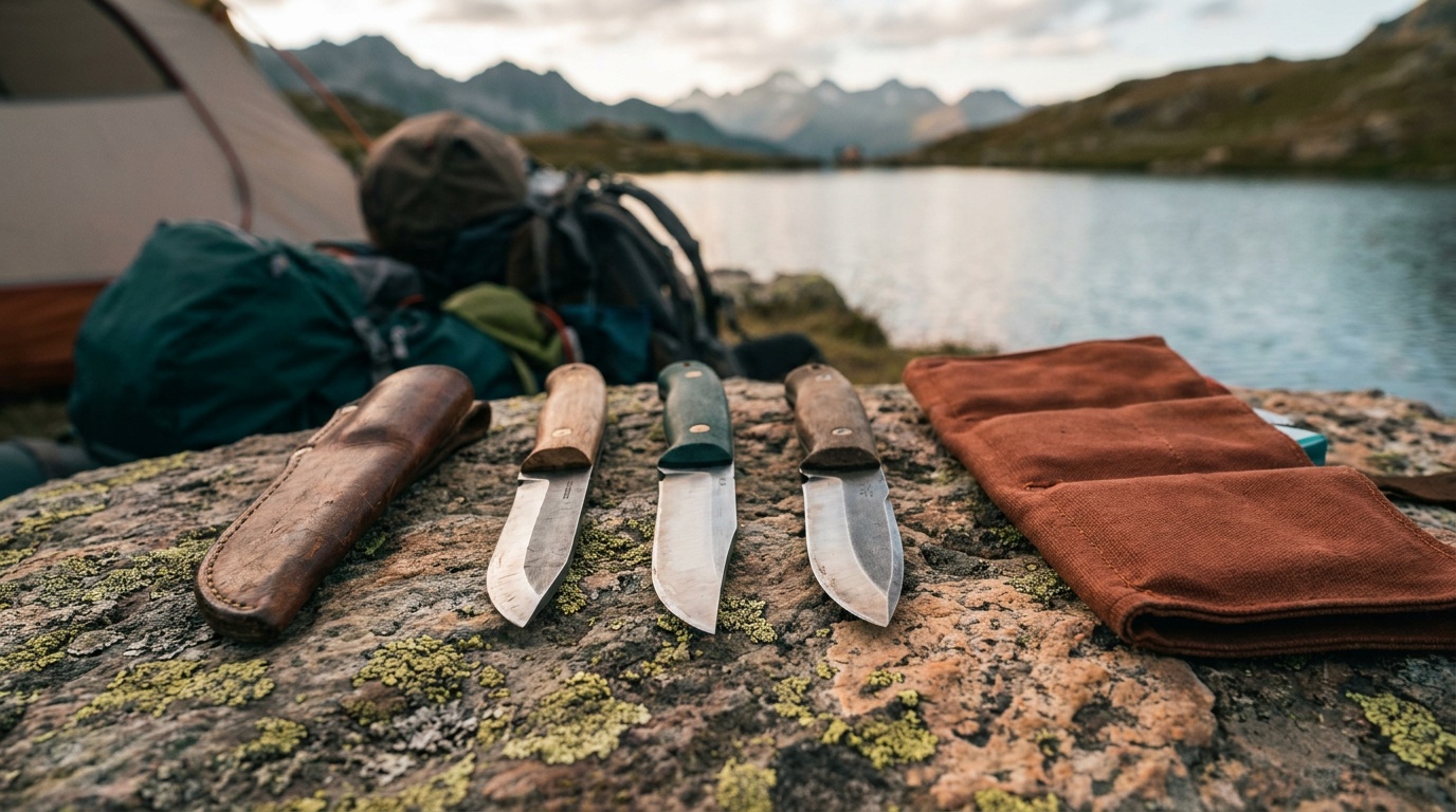 Three camping knives laid on a flat rock showing scandi, flat, and convex grind profiles in cross-section