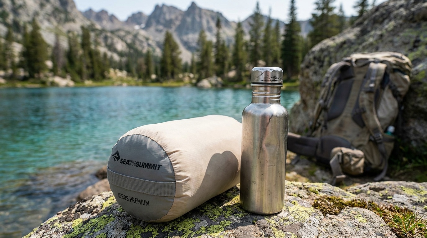 Sea to Summit Aeros Premium inflatable pillow next to a water bottle for scale, showing its compact packed size