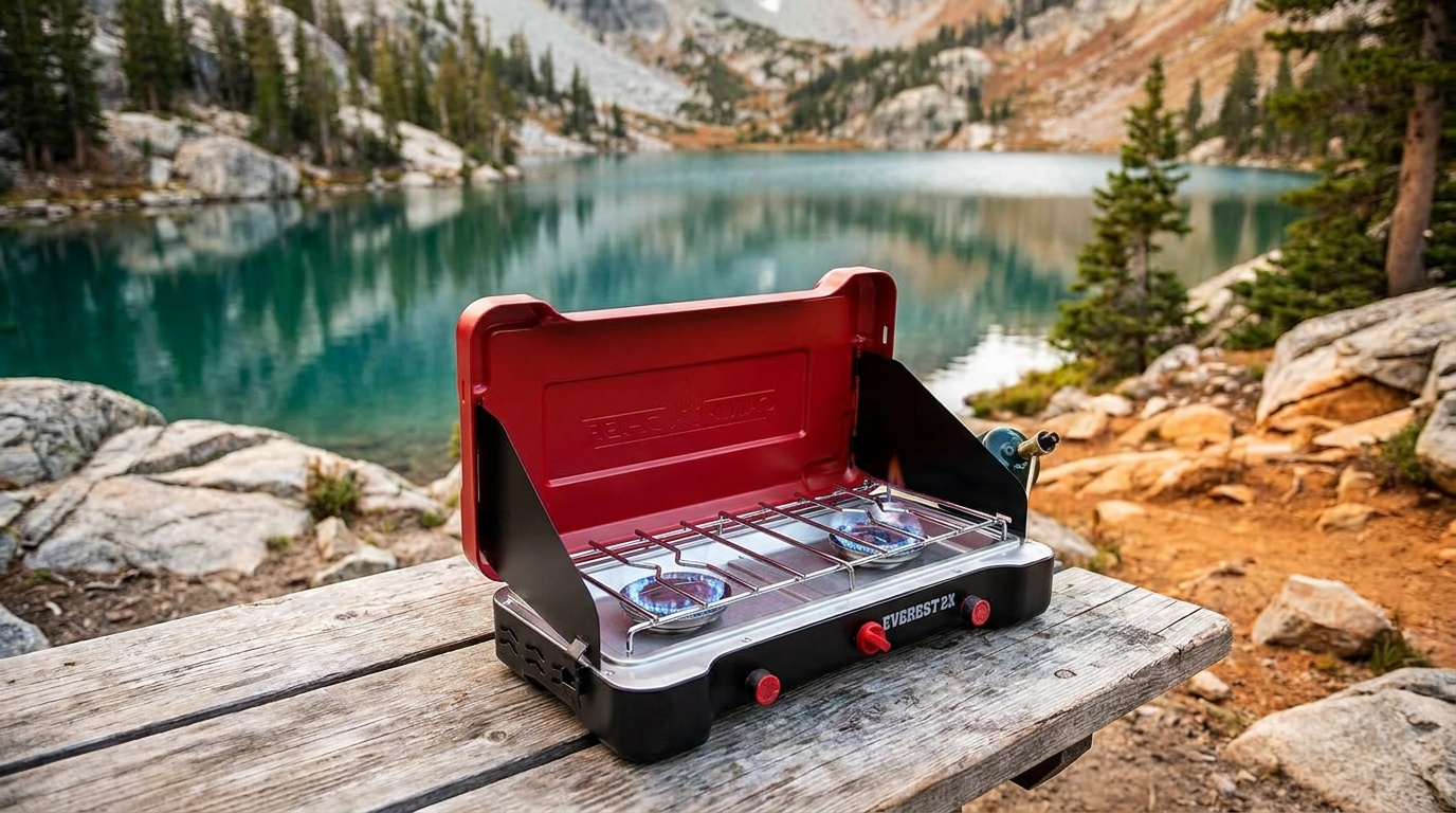 Camp Chef Everest 2X two-burner stove with three-sided windscreen open and two burners lit at a car-camping site