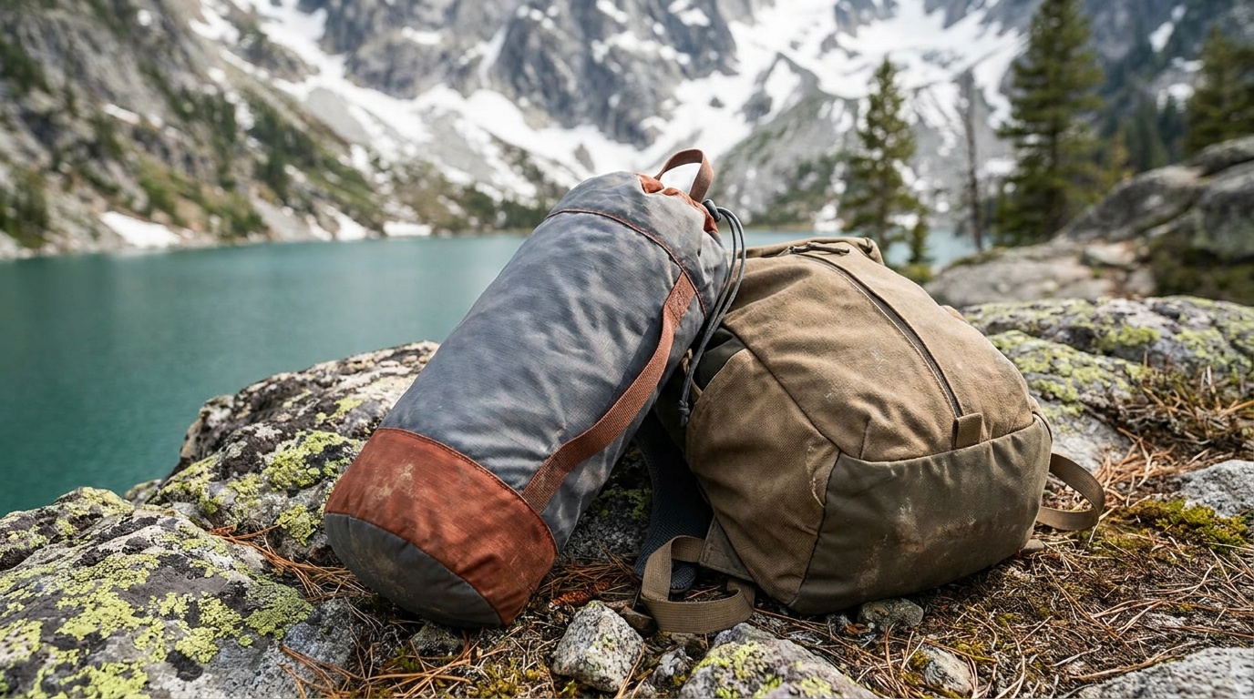 Helinox Table One Hard Top Large rolled in its carry sack next to a 20L daypack, showing just how compact the packed size is